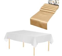 WedDecor 1pc Champagne Rectangle Satin Table Runner 11"x108" & 1pc White Disposable Plastic Tablecloths 54"x108" Waterproof Table Cover for Wedding Party Decoration, Christmas (Set of 1)