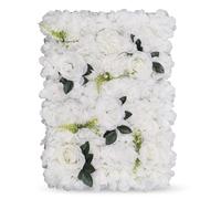WedDecor 1Pc Flower Panels Wall Décor Artificial Silk Flowers Romantic Floral Backdrop Wall Hedge Home Decoration Wedding Party Photo Background, White with Green Leaves, 60 x 40cm