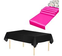 WedDecor 1pc Fuchsia Rectangle Satin Table Runner 11"x108" & 1pc Black Disposable Plastic Tablecloths 54"x108" Waterproof Table Cover for Wedding Party Decoration, Christmas (Set of 1)