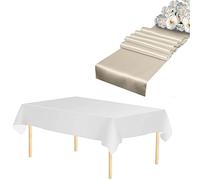 WedDecor 1pc Ivory Rectangle Satin Table Runner 11"x108" & 1pc White Disposable Plastic Tablecloths 54"x108" Waterproof Table Cover for Wedding Party Decoration, Christmas (Set of 1)