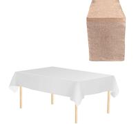 WedDecor 1pc Pink Rectangle Hessian Table Runner 13"x108" & 1pc White Disposable Plastic Tablecloths 54"x108" Waterproof Table Cover for Christmas, Wedding Party Decoration (Set of 1)