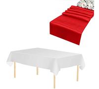 WedDecor 1pc Red Rectangle Satin Table Runner 11"x108" & 1pc White Disposable Plastic Tablecloths 54"x108" Waterproof Table Cover for Wedding Party Decoration, Christmas (Set of 1)