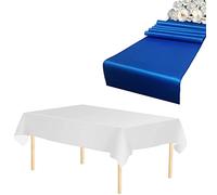 WedDecor 1pc Royal Blue Rectangle Satin Table Runner 11"x108" & 1pc White Disposable Plastic Tablecloths 54"x108" Waterproof Table Cover for Wedding Party Decoration, Christmas (Set of 1)
