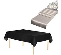 WedDecor 1pc Silver Rectangle Satin Table Runner 11"x108" & 1pc Black Disposable Plastic Tablecloths 54"x108" Waterproof Table Cover for Wedding Party Decoration, Christmas (Set of 1)