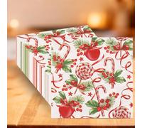 WedDecor 20pcs 13-Inch Christmas Napkins Red Disposable Paper Serviettes with Printed Candy Canes, Stars & Holly for Holiday Parties, New Year, Dinner, Wedding, Table Decor & Festive Events