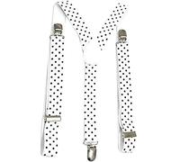 WedDecor 25mm Men's Elastic Suspenders Y Shape, Adjustable Clip On Braces for Trousers, Jeans,Denims, Fashion Accessory for Weddings, Parties, Formal Events, Casual, White with Black Dots