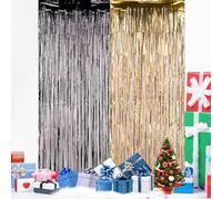 WedDecor 2pcs 3ft x 8.2ft Black & Gold Tinsel Foil Fringe Curtains Metallic Hanging Streamers Backdrop For Birthday Halloween Christmas Baby Shower Bachelorette Holiday Decoration Party