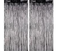 WedDecor 2pcs 3ft x 8.2ft Black Tinsel Foil Fringe Curtains Metallic Hanging Streamers Backdrop For Birthday Halloween Christmas Baby Shower Bachelorette Holiday Decoration Party