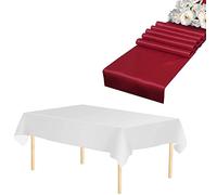 WedDecor 2pcs Burgundy Rectangle Satin Table Runner 11"x108" & 2pcs White Disposable Plastic Tablecloths 54"x108" Waterproof Table Cover for Wedding Party Decoration, Christmas (Set of 2)