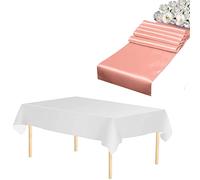 WedDecor 2pcs Coral Rectangle Satin Table Runner 11"x108" & 2pcs White Disposable Plastic Tablecloths 54"x108" Waterproof Table Cover for Wedding Party Decoration, Christmas (Set of 2)