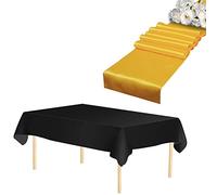 WedDecor 2pcs Gold Rectangle Satin Table Runner 11"x108" & 2pcs Black Disposable Plastic Tablecloths 54"x108" Waterproof Table Cover for Wedding Party Decoration, Christmas (Set of 2)