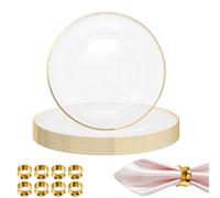 WedDecor 33cm Clear Charger Plates with Gold Trim Design & Hammered Design-Beaded Edge Napkin Rings Holders, Acrylic Round Dinner Plate and Napkin Rings Dinner Set for Table Decor, Set of 24