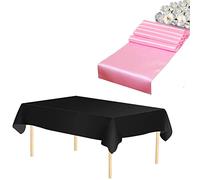 WedDecor 3pcs Baby Pink Rectangle Satin Table Runner 11"x108" & 3pcs Black Disposable Plastic Tablecloths 54"x108" Waterproof Table Cover for Wedding Party Decoration, Christmas (Set of 3)