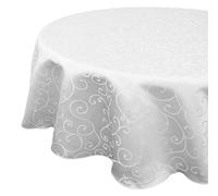 WedDecor 5pcs Round Damask Tablecloth with an Overlay Branch Swirl Pattern, Seamless Polyester Linen Table Cover, Party, Tablecloth for Restaurant, Dining, 90 Inch, White