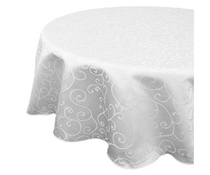 WedDecor 5pcs Round Damask Tablecloth with an Overlay Branch Swirl Pattern, Seamless Polyester Linen Table Cover, Party, Tablecloth for Restaurant, Dining, 90 Inch, White