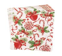 WedDecor 60pcs 13-Inch Christmas Napkins – Red Disposable Paper Serviettes with Printed Candy Canes, Stars & Holly for Holiday Parties, New Year, Dinner, Wedding, Table Décor & Festive Events
