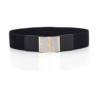 WedDecor 65mm Women Black Elasticated Waist Belt With Gold Buckle, Silver Rhinestone Diamante For Casual, Formal, Western Outfits, Fashion Accessory, Fully Adjustable and Stretchable