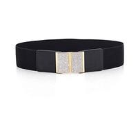 WedDecor 65mm Women Black Elasticated Waist Belt With Gold Buckle, Silver Rhinestone Diamante For Glam, Formal, Western Outfits, Fashion Accessory, Fully Adjustable and Stretchable