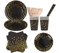 Weddecor 80pcs Paper Plates and Napkins Set, Round Disposable, Black Plates, Black Cups, Black Paper Straws, Black Napkins, Spoons, Forks & Cutlery Perfect for Birthday, Baby Shower, Wedding, Party