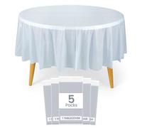 WedDecor 84-Inch Round Disposable Table Covers, Heavy Duty PVC Tablecloth for Kitchen, Christmas, BBQs, Home Party, and Heat-Resistant Dining Protection, Light Blue, 5pcs