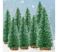 WedDecor 8pcs Artificial Mini Christmas Trees - Miniature Frosted Plastic Bottle Brush Mini Pine Trees with Wooden Bases for Christmas Home, Tabletop Decorations, Craft Projects & Winter Displays
