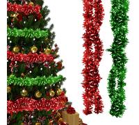WedDecor 9cm Christmas Tinsel Garland for Christmas Tree Decorations, Total 4 Metres Thin Xmas Tinsel Garlands for Indoor and Outdoor Party Xmas Hanging Decorations, Xmas Events, Red & Green Set
