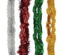 WedDecor 9cm Christmas Tinsel Garland for Christmas Tree Decorations, Total 8 Metres Tinsel Garlands for Indoor/Outdoor Party Xmas Hanging Decorations, Christmas Events, Silver, Red, Green & Gold Set