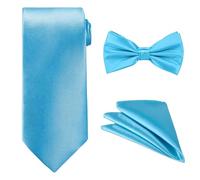 WedDecor Aqua Blue Men's Satin Necktie, Pre-tied Bow Tie & Pocket Square Set