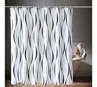 WedDecor Bathroom Shower Curtain Waterproof Anti Mould Mildew Resistant, Heavy Duty 100% Polyester Fabric Curtains Liner with 12 Curtain Hooks, 180cm x 180cm, Black, Grey & White