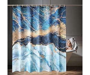 WedDecor Bathroom Shower Curtain Waterproof Anti Mould Mildew Resistant, Heavy Duty 100% Polyester Fabric Curtains Liner with 12 Curtain Hooks, 180cm x 180cm, Gold Cracked Lines