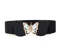 WedDecor Black 60mm Wide Elastic Stretchable Women Waist Belt with Diamond Studded Golden Butterfly Buckle Cinch Obi Belt for Fashion Accessories, Halloween Dresses, Western Outfits, S Size