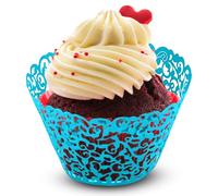 WedDecor Blue Cupcake Wrappers Laser Cut Pearlescent Floral Design Muffin Wrap Cases Paper Holders for Party Decoration, Wedding, Birthday, Events, 100pcs