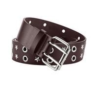 WedDecor Brown Double Grommet Star Studs PU Leather Waist Belt, Punk Style Goth Halloween Double Hole Eyelet Brown Belt for Women Men for Jeans, Skirts, Dresses, Medium
