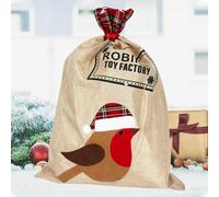WedDecor Burlap Hessian Robin Santa Sack, Large 50cm x 70cm Christmas Bag with Red Plaid Cuff and Robin’s Toy Factory Design, Rustic Reusable Festive Holiday Sack for Xmas Décor- 50cm x 70cm