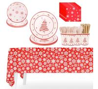 WedDecor Christmas Decorations Party Disposable Tableware Set, 138 Pieces, Includes Plates, Cups, Straws, Napkins, Xmas Rectangle Tablecloth and Wooden Cutlery for 16 Guests, Red & White Xmas Theme