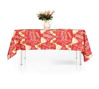 WedDecor Christmas Table Cloth Rectangle Polyester Tablecloth with Floral Bow Ribbon Print Red Table Cloth Cover for Christmas, Buffet Table, Party, Holiday Dinner (60 x 84 Inch- Red and Gold)