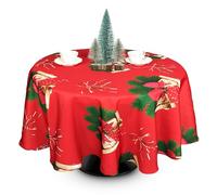 WedDecor Christmas Table Cloth Round Polyester Tablecloth with Bow Ribbon & Bell Print Red Table Cloth Cover for Christmas, Buffet Table, Party, Holiday Dinner (70" - Red)
