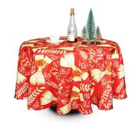 WedDecor Christmas Table Cloth Round Polyester Tablecloth with Floral Bow Ribbon Print Red Table Cloth Cover for Christmas, Buffet Table, Party, Holiday Dinner (70" - Red and Gold)