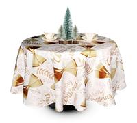 WedDecor Christmas Table Cloth Round Polyester Tablecloth with Merry Christmas Print White Table Cloth Cover for Christmas, Buffet Table, Party, Holiday Dinner (70" - White and Gold)