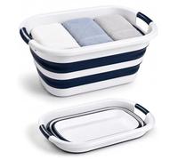 WedDecor Collapsible Oval Shape Foldable 26L Laundry Basket (Blue & White) | Sturdy Foldable Washing Bin Basket for Clothes Storage, Laundry Room, Bedroom, Bathroom & Home Organisation