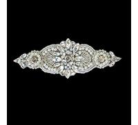 WedDecor Diamond Applique Patches, Rhinestone Pearl Iron-on Motifs for Sewing on, Bridal, Wedding Dress, Party wear, Fashion Accessories, Silver, 150mm x 50mm