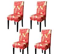 WedDecor Dining Christmas Chair Cover, Spandex Stretch Xmas Chair Seat Cover, Removable & Washable Chair Slipcover for Kitchen, Wedding, Dining Room, Chair Protector, 4Pcs, Red Ribbon with Leaf
