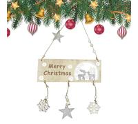WedDecor Elegant Merry Christmas Hanging Sign Plaque with Silver Glitter Snowflakes & Stars, Festive Wall Decoration Dangler for Door, Tree, Window Perfect Xmas Holiday Décor Wooden Hanging Ornament