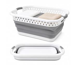 WedDecor Foldable Plastic Oval Laundry Basket 39L Clothes Bin (Grey) | Sturdy Foldable Washing Bin Basket for Clothes Storage, Laundry Room, Bedroom, Bathroom & Home Organisation