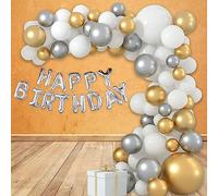 WedDecor Grey & White Balloon with Metallic Gold Balloon Set & 13 Letters "Happy Birthday" Foil Balloon Banner for Men Women Kids Birthday Party Decoration, 177pcs