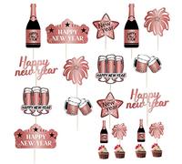 WedDecor Happy New Year Toothpick Cake Toppers for Fruit, Kebabs, Barbecue Snacks, Sandwiches Cocktail, Buffets, Desserts Parties, Cupcake Topper Sticks, 14pcs, Rose Gold