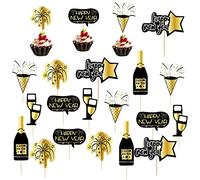WedDecor Happy New Year Toothpick Cake Toppers for Fruit, Kebabs, Barbecue Snacks, Sandwiches Cocktail, Buffets, Desserts, Parties, Cupcake Topper Wooden Sticks, 18pcs, Gold