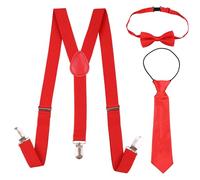WedDecor Kids Suspenders With Red Bow Tie and NeckTie Set - 85cm X 25mm, Adjustable Y Shaped Clip-On Suspenders For Boys & Girls - Kids Fashion Accessory for All Occasions