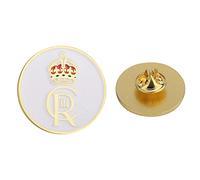 WedDecor King Charles III Pin Badges Enamel Crown White Gold 30mm Round Pressure Closure Lapel Brooch For Suit Dress Coat Blazer Adults Kids, 1.5mm Thick