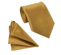 WedDecor Men’s Solid Gold Satin Tie and Pocket Square Set - Classic Neck Tie & Handkerchief for Casual & Formal Wear, Business Meetings, Weddings, Proms, and Parties